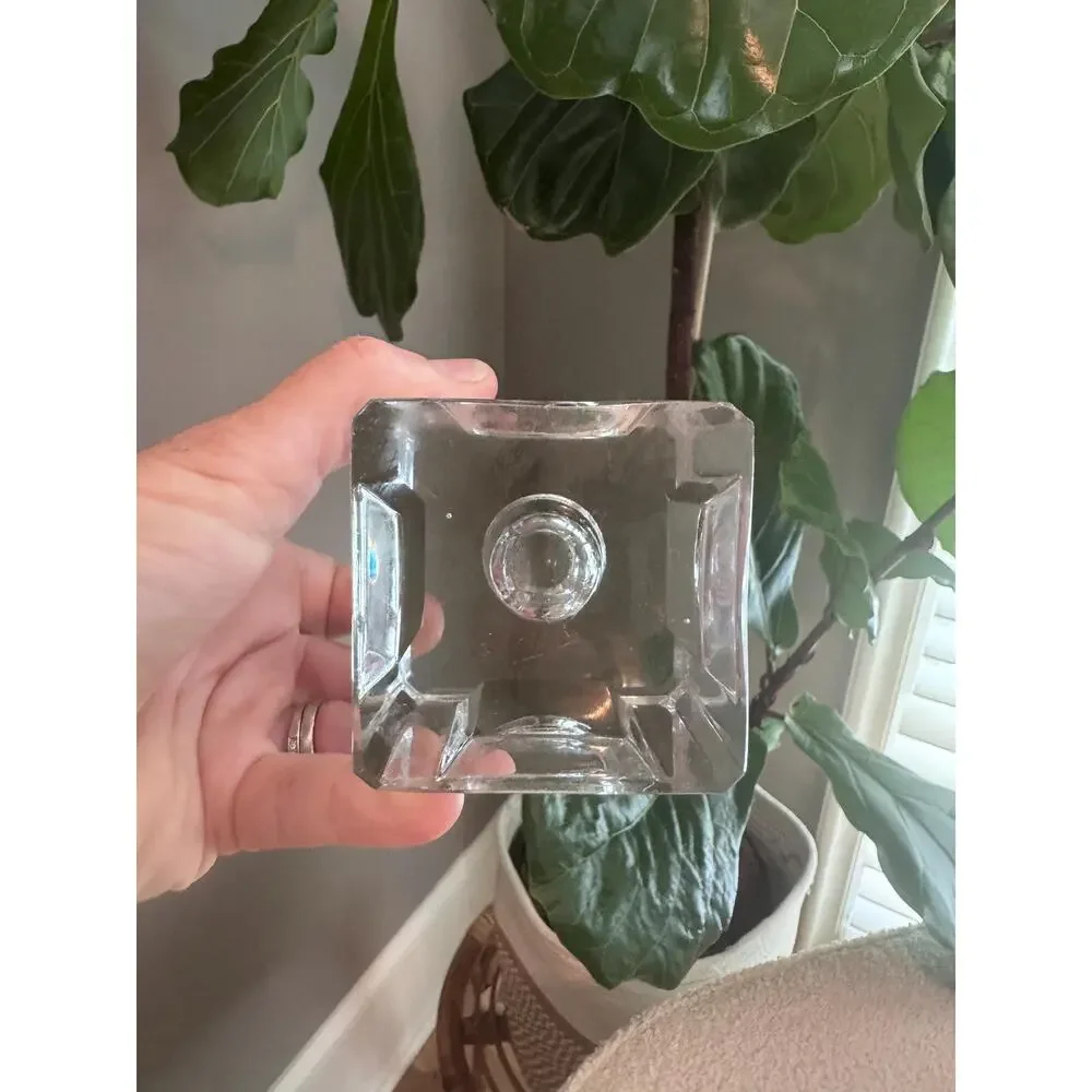 Vintage Pair MCM Art Deco Heavy Cut Crystal Block Candle Holders